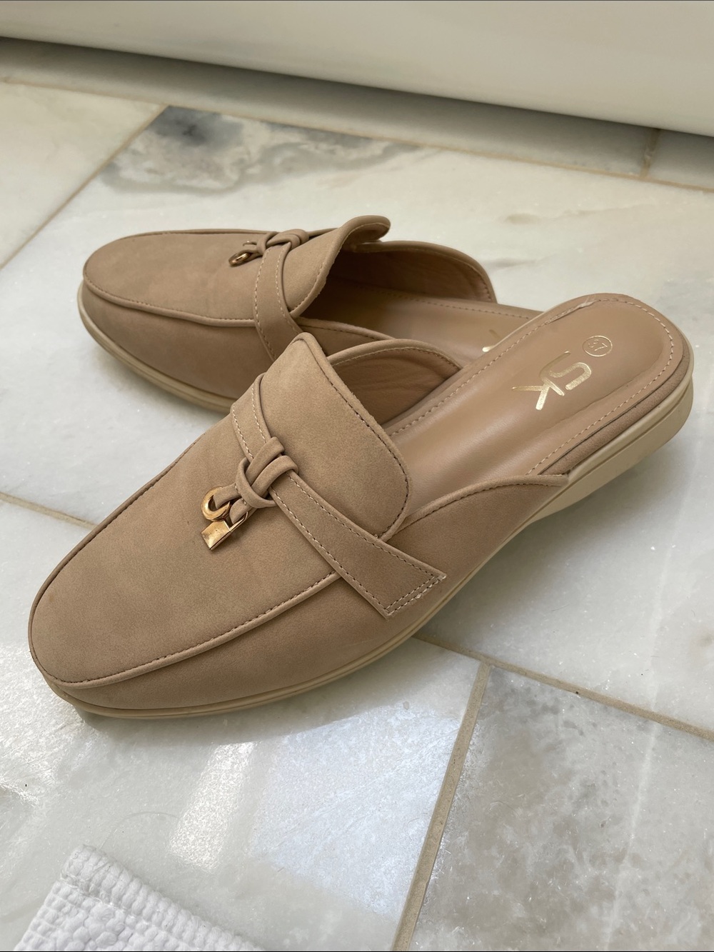 GK Tan Suede-Look Slip-On Mule with Gold Accent